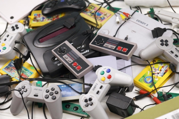 Mixed retro gaming consoles and controllers for recycling