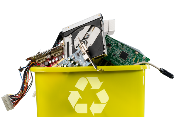 electronics in a bin