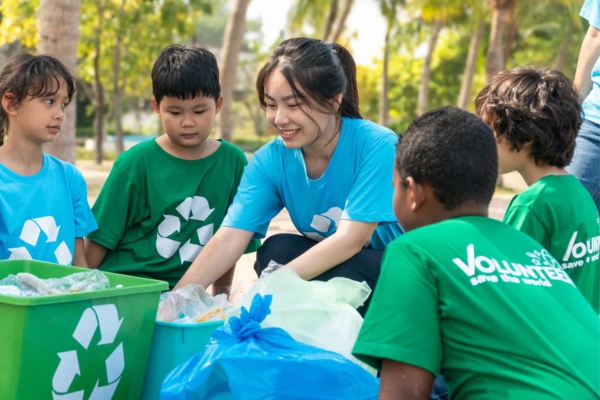 EACR employee with kids at electronics recycling event