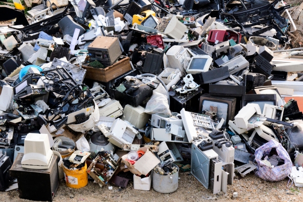 Pile of old electronics ready for recycling in New York