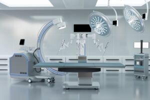 Robotic surgical table with C-arm and overhead lights
