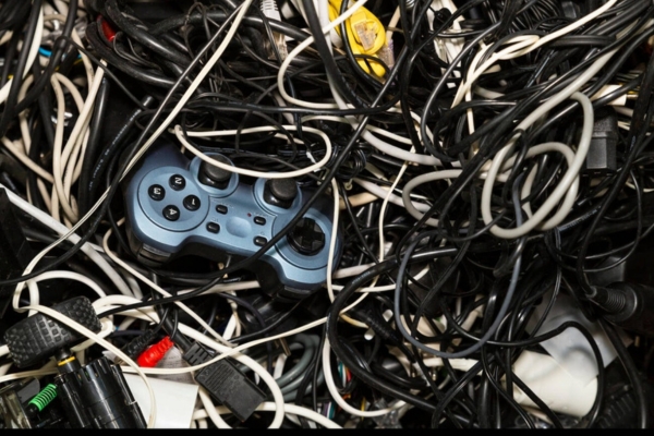 Video game controller tangled in a pile of electronic cables