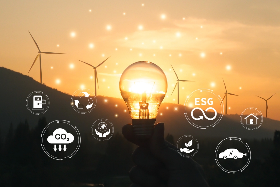 Light bulb and wind turbines showing tech’s environmental impact.