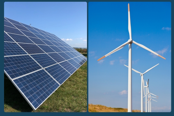 Solar panels and offshore wind turbines.
