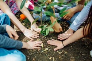 students planting tree for earth day