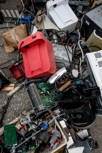 vertical pile of e-waste